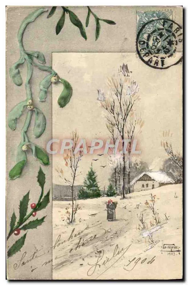 Winterlandschaft — Efeu- und Stechpalmen-Verzierung — anonymer Verlag - Vorderseite