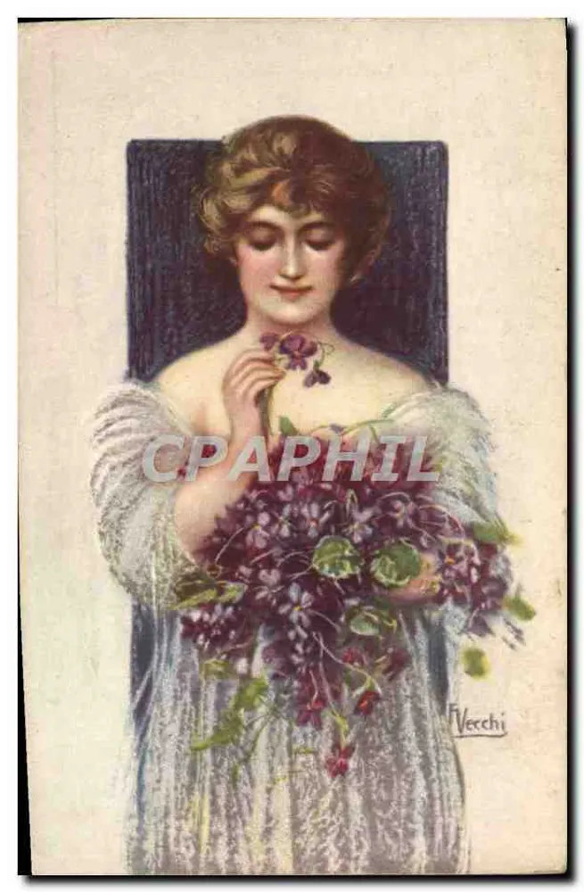 Frau mit einem Strauß Violetter — Illustration — F. Vecchi - Vorderseite
