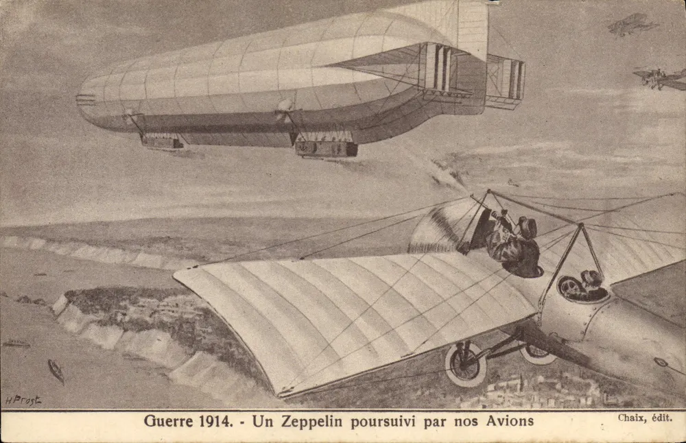 Krieg 1914 — Ein Zeppelin wird von unseren Flugzeugen verfolgt — H. Prost, Chaix, Verlag - Vorderseite