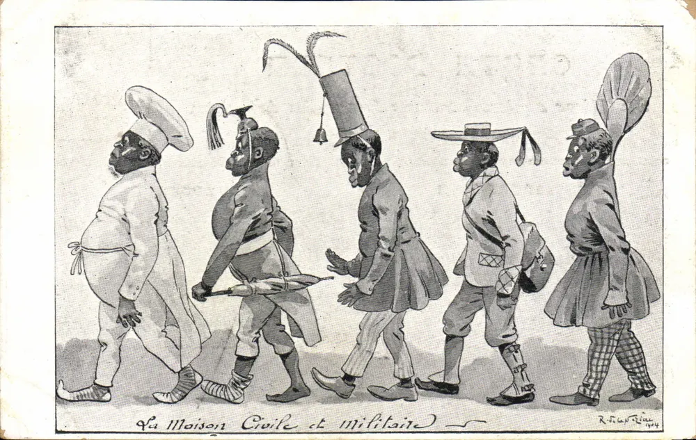 Das Zivile und Militärische Haus — Karikatur von fünf Männern in verschiedenen Uniformen — R. Filip Riera 1914 - Vorderseite