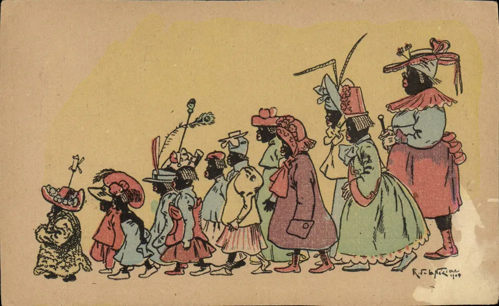 Prozession von schwarz gekleideten Personen in Kostümen — R. F. Lefebvre 1909 — Verlag nicht sichtbar - Vorderseite