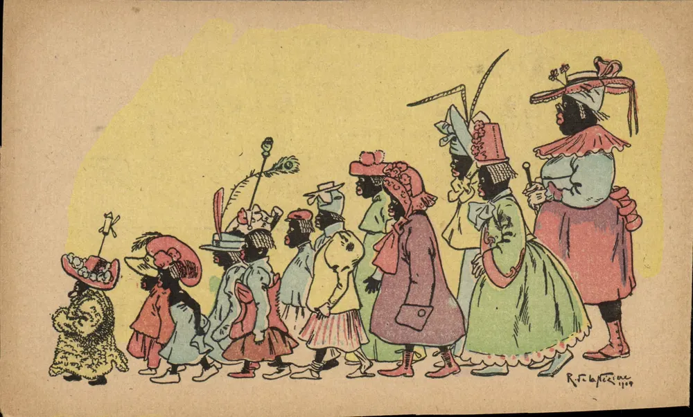 Prozession von Frauen in bunt gefärbten Kleidern — Illustration von R. F. la Tézine, 1909 - Vorderseite