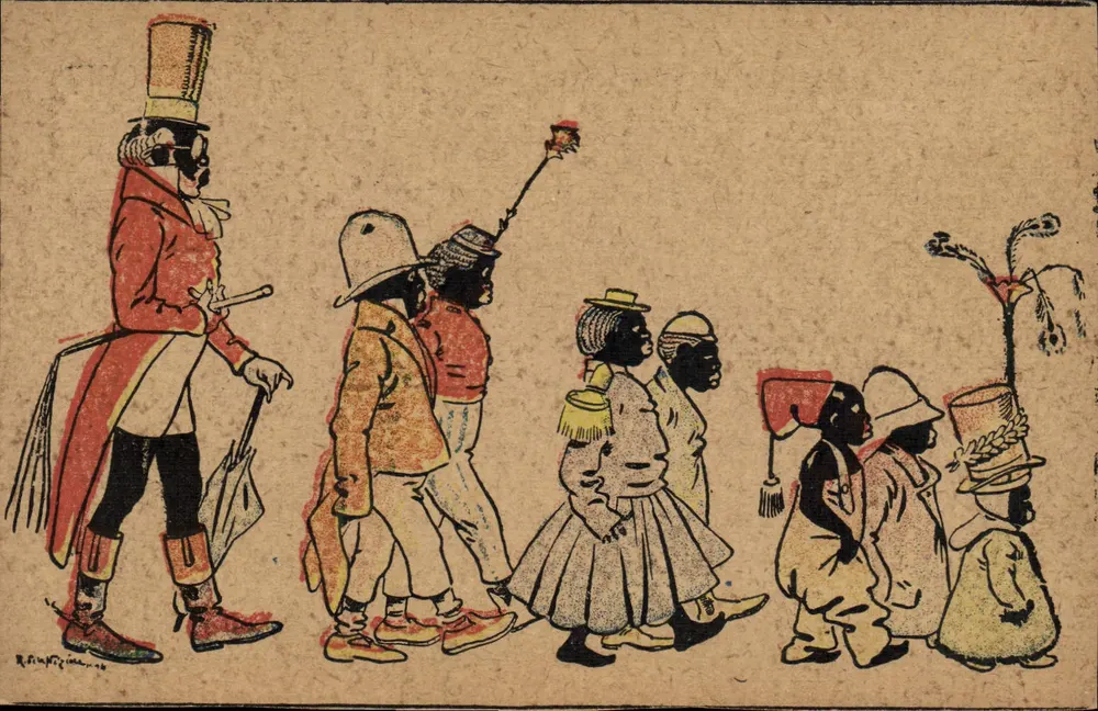 Marsch von Figuren in Kostümen — Karikatur — R. F. L. P. (unterzeichnet) — Verlag nicht sichtbar - Vorderseite