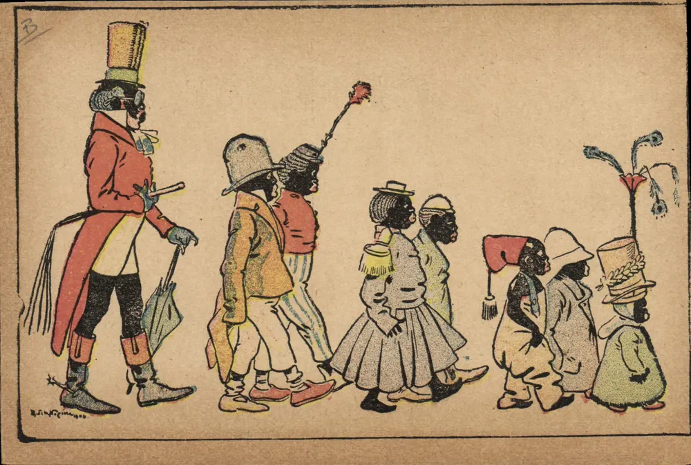 Prozession kostümierte Figuren — Zeichnung von M. J. Pimango — Verleger nicht sichtbar - Vorderseite