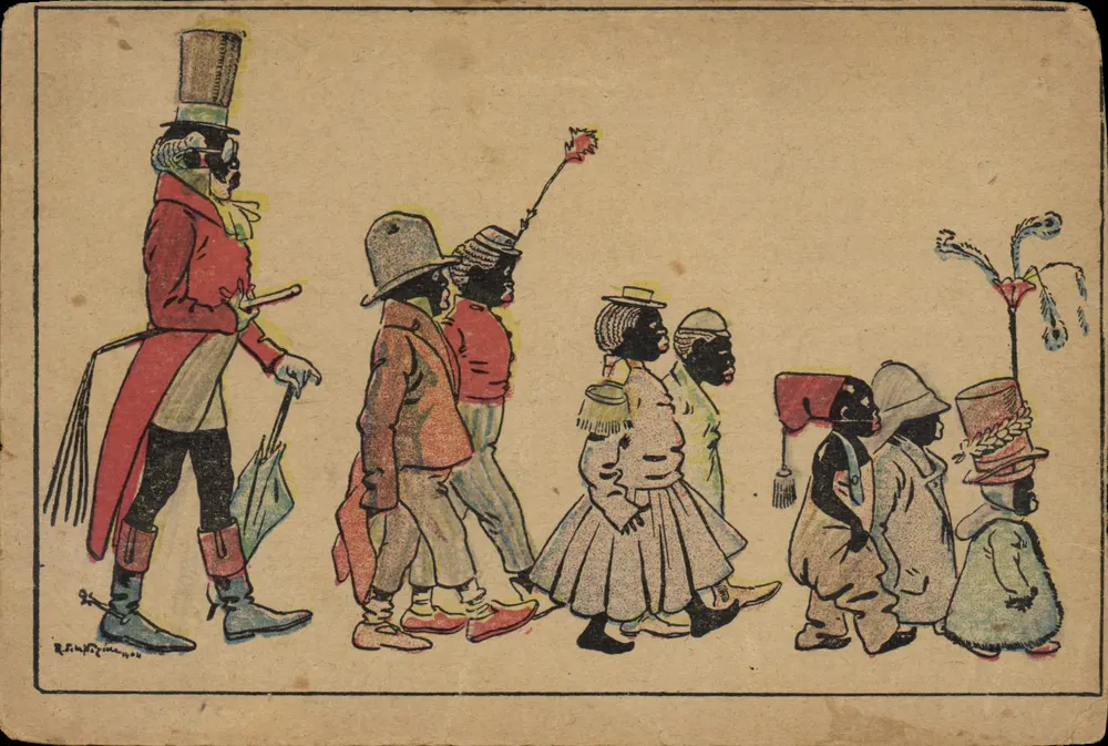 Prozession von Figuren in Kostümen — karikaturistische Szene — Verlag R. F. H. G. Impr. 1900 - Vorderseite
