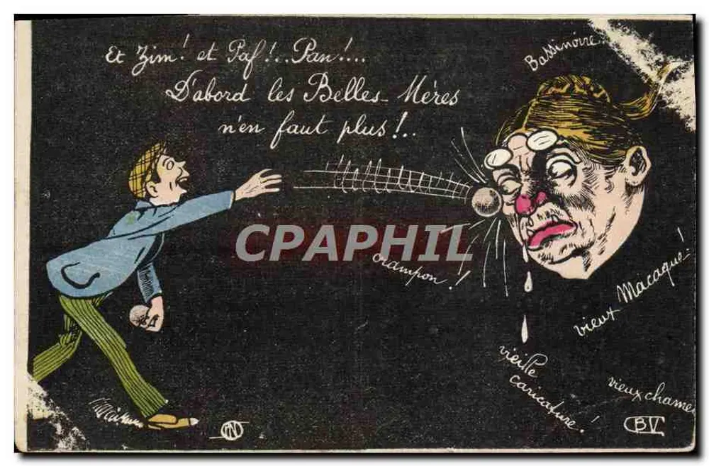 Karikatur eines Mannes, der eine alte Frau schlägt — Verlag B.V. und Nr. 107 - Vorderseite