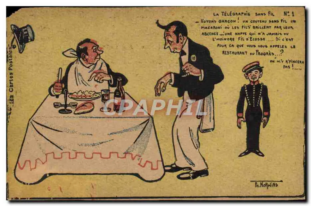 Scène de restaurant — caricature de télégraphie sans fil — éditeur 'Les Cartes Postales' n°1 - Vorderseite