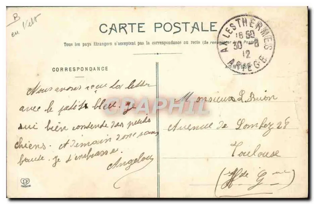 Pâtre des Pyrénées — homme en tenue de montagne avec bâton et chien — Phototypie Ladouche Frères, Toulouse, n°837 - Verso