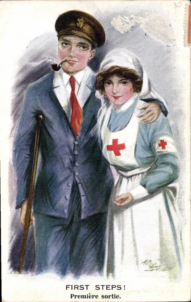 Erster Schritt! — Soldat und Rotkreuzschwester — Inter-Art Co. London, Serie TEN-NINE - Vorderseite