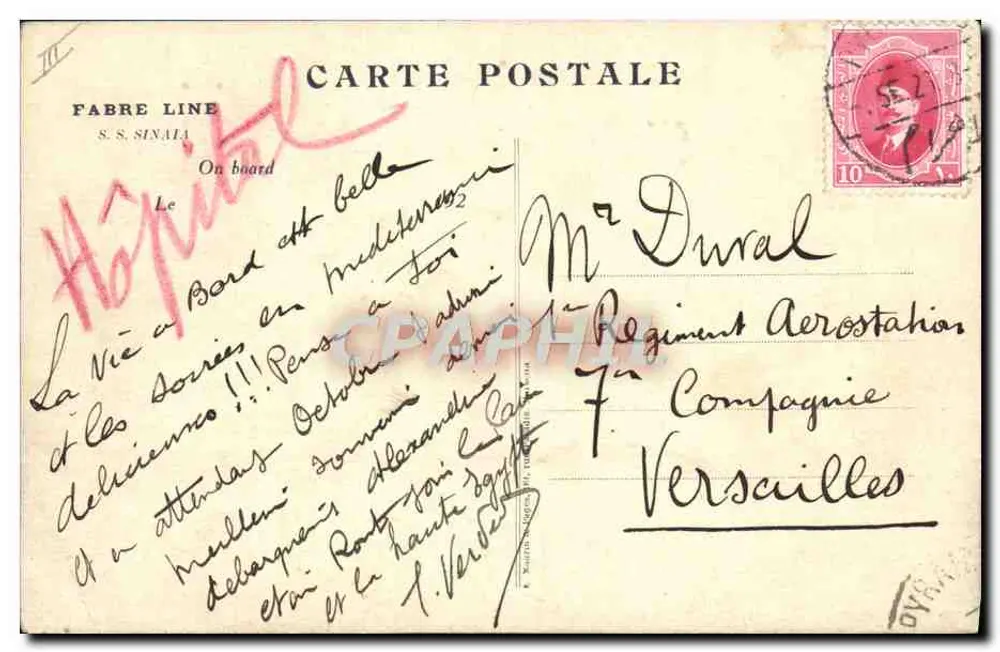 S.S. SINAIA — Schiff der Fabre-Linie — Deck-Postkarte - Rückseite