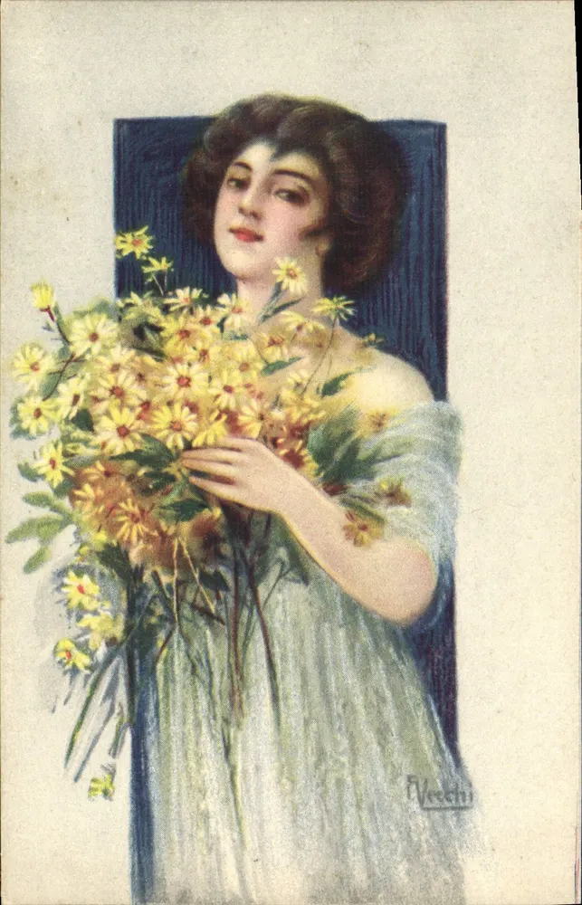 Junge Frau mit einem Strauß gelber Blumen — Illustration — F. Veechi - Vorderseite