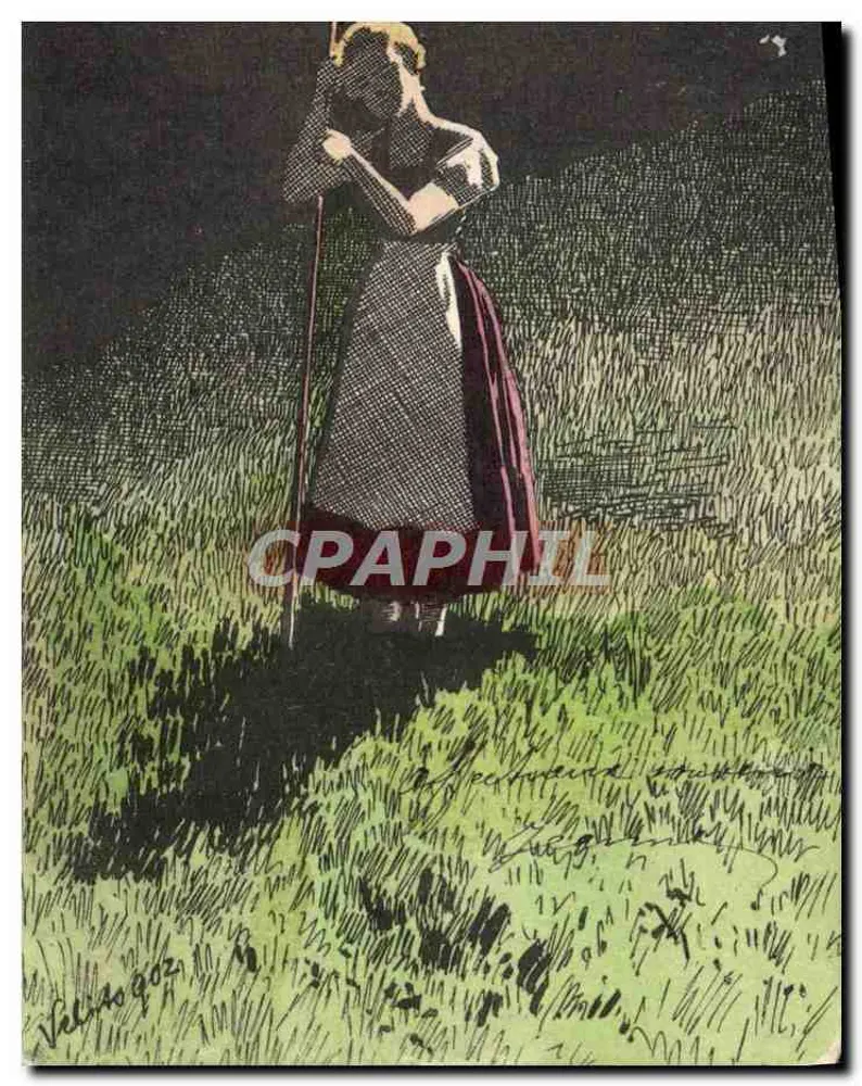 Frau in rotem Kleid mit Stock — Illustration — unbekannter Verlag, Seriennummer nicht sichtbar - Vorderseite