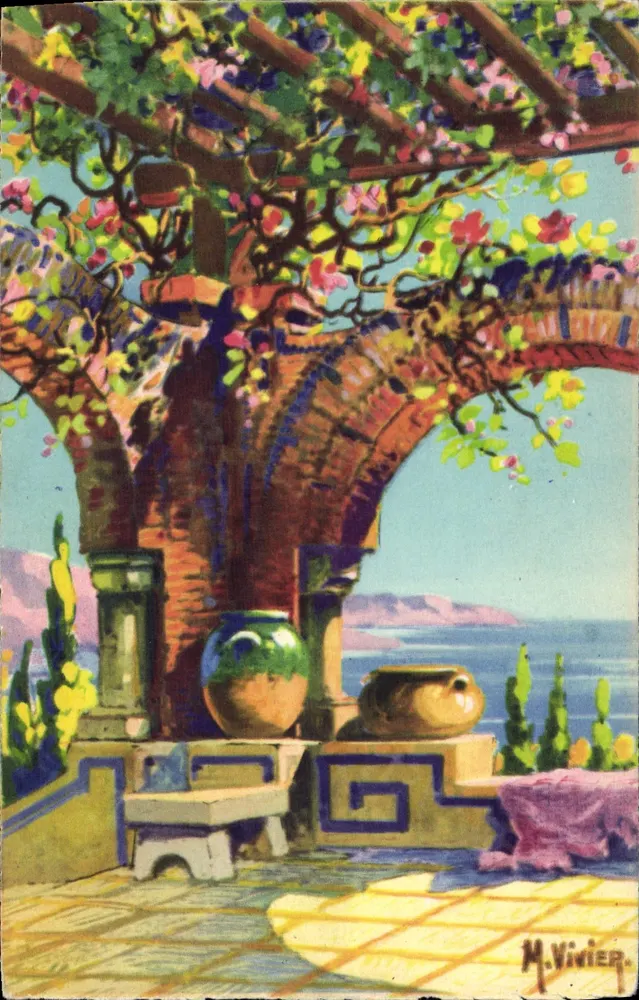 Mediterraner Garten — Aussicht von einer Terrasse mit blühender Pergola und Meer im Hintergrund — M. Vivier - Vorderseite
