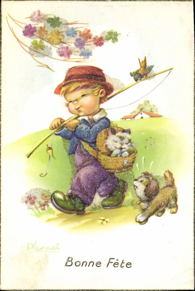 Kind mit Korb und Hund — Frohe Geburtstagskarte — I. Vernet - Vorderseite