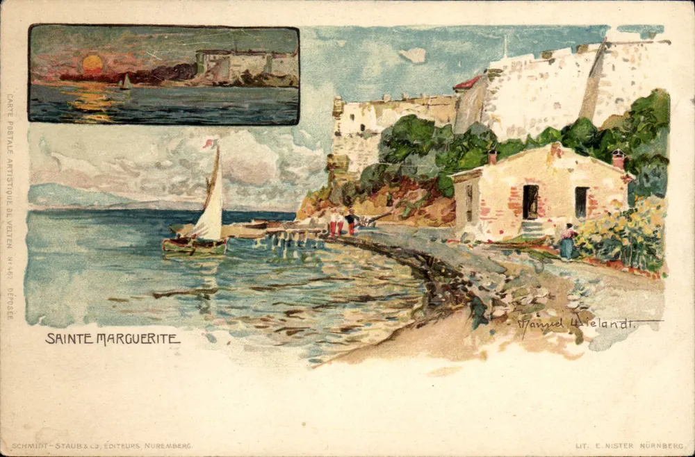 Sainte-Marguerite — Küstenansicht mit Segelboot und Befestigung — Schmidt & Cie, Nürnberg - Vorderseite