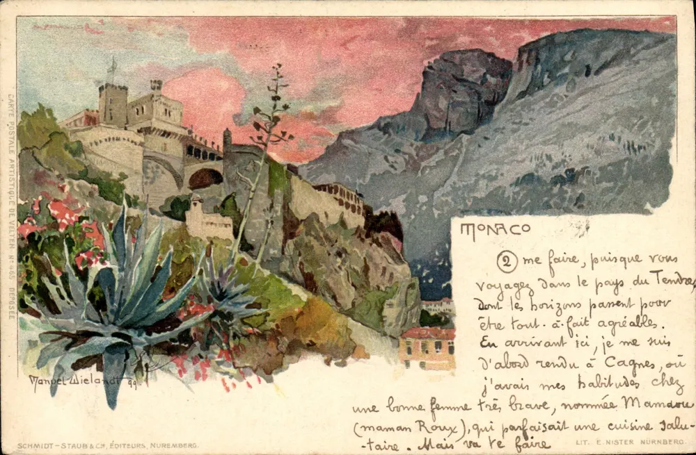 Monaco — vista do castelo nas falésias — editor Schmidt-Staub, Nuremberg - Frente