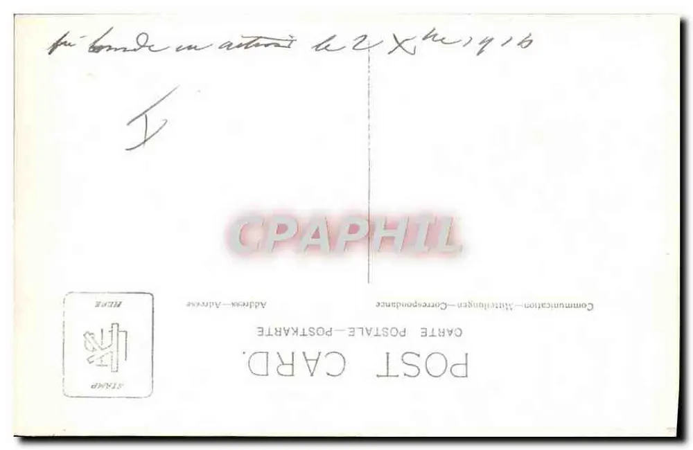 Campo militar com canhão e antenas — carta postal datada 1916 - Verso