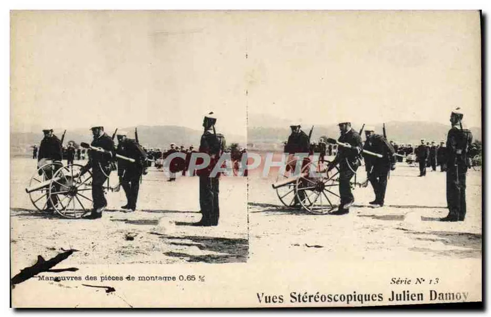 Manöver der Gebirgskanonen — Stereoskopische Ansichten Julien Damoy, Serie N° 13 - Vorderseite