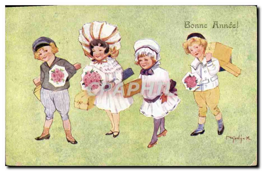 Enfants avec bouquets et cadeaux — Bonne Année! — Nojedji-K - Recto
