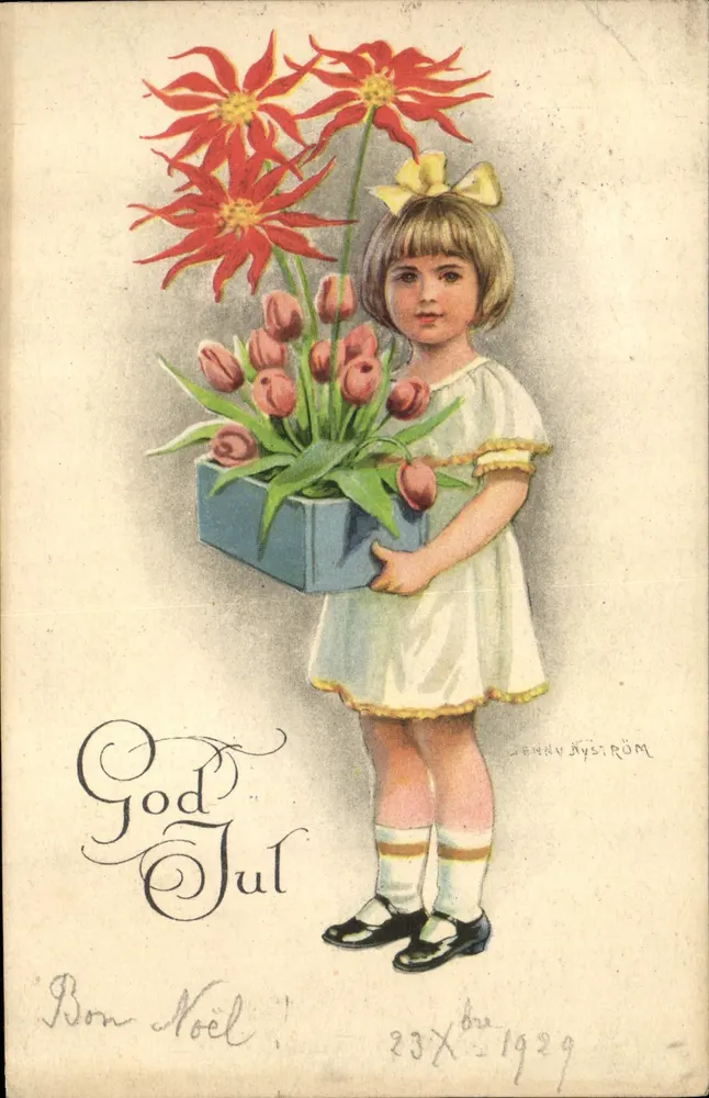 Mädchen mit Blumenstrauß — 'God Jul' und 'Bon Noël' — Jenny Åström - Vorderseite