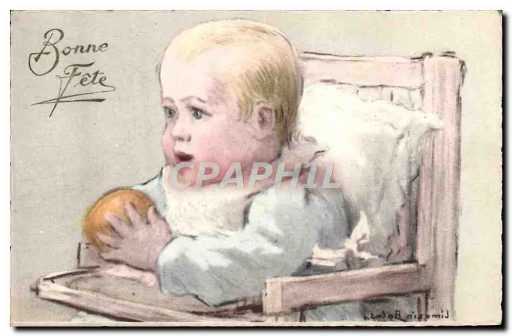 Baby mit einer Äpfel — Frohe Geburtstagskarte — Verlag Fox & Cie, Seriennummer nicht sichtbar - Vorderseite