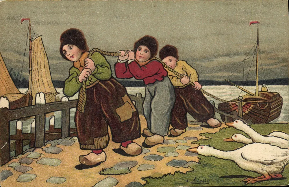 Kinder, die ein Boot ziehen — Hafen-Szene — Verlag V. Nell - Vorderseite
