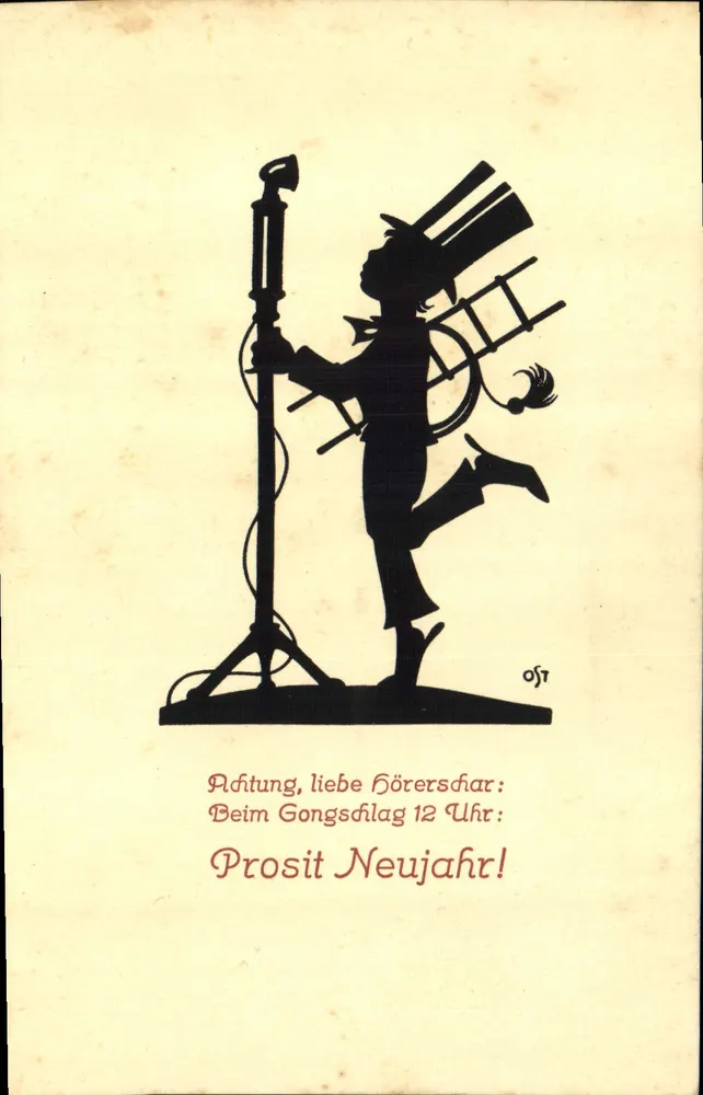 Silhouette eines Mannes mit einem Gerät — Prost Neujahr! — Verlag August Gunkel, Düsseldorf - Vorderseite