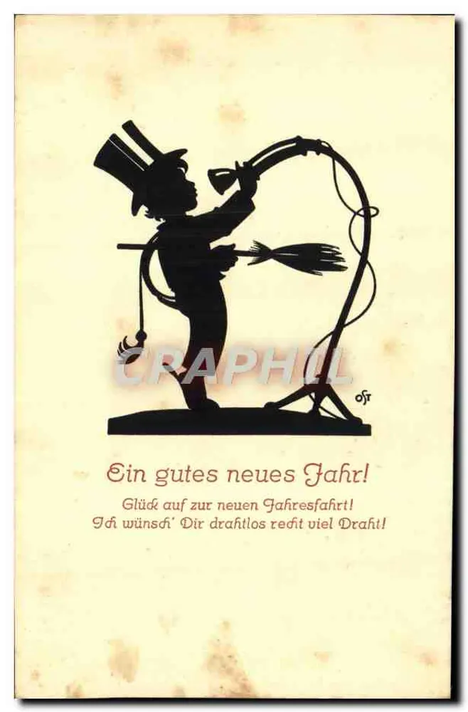 Silhouette eines Kobolds mit Besen — Neujahrswünsche — Verlag August Gunkel, Düsseldorf - Vorderseite