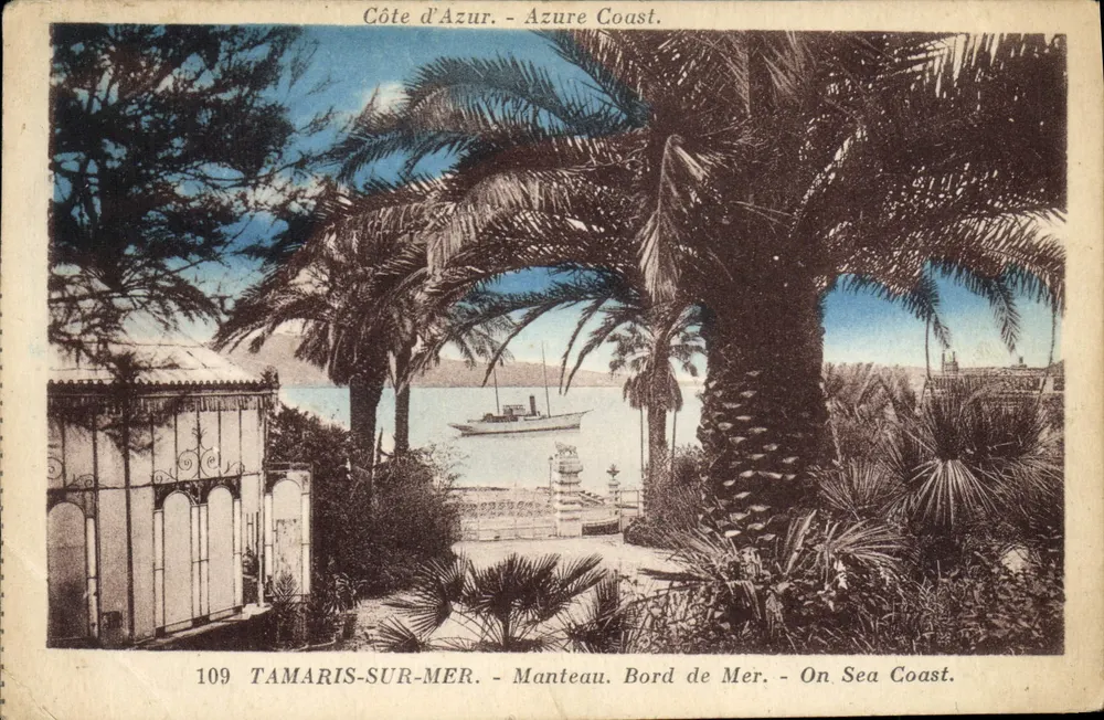 TAMARIS-SUR-MER — Vue du bord de mer avec palmiers et bateau — Éditeur : Imp. de la Côte d'Azur, n° 109 - Vorderseite