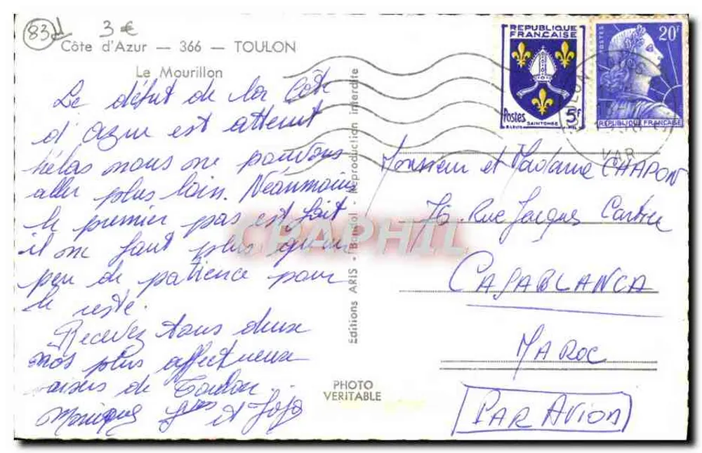 Le Mourillon — Côte d'Azur — Edições ARIS, n° 366 - Verso