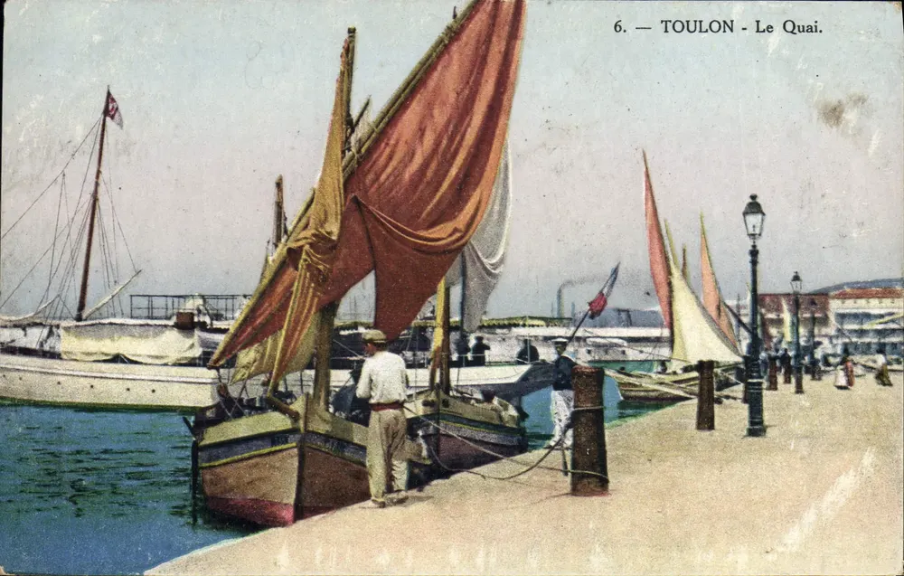 Toulon - O Cais — vista portuária com barcos de vela — Cartas Postais Deseilles, n°6 - Frente
