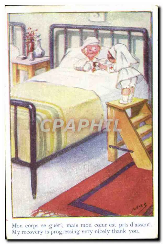 Criança doente em sua cama — ilustração — J. Amiand, Paris, Série N°056 - Frente