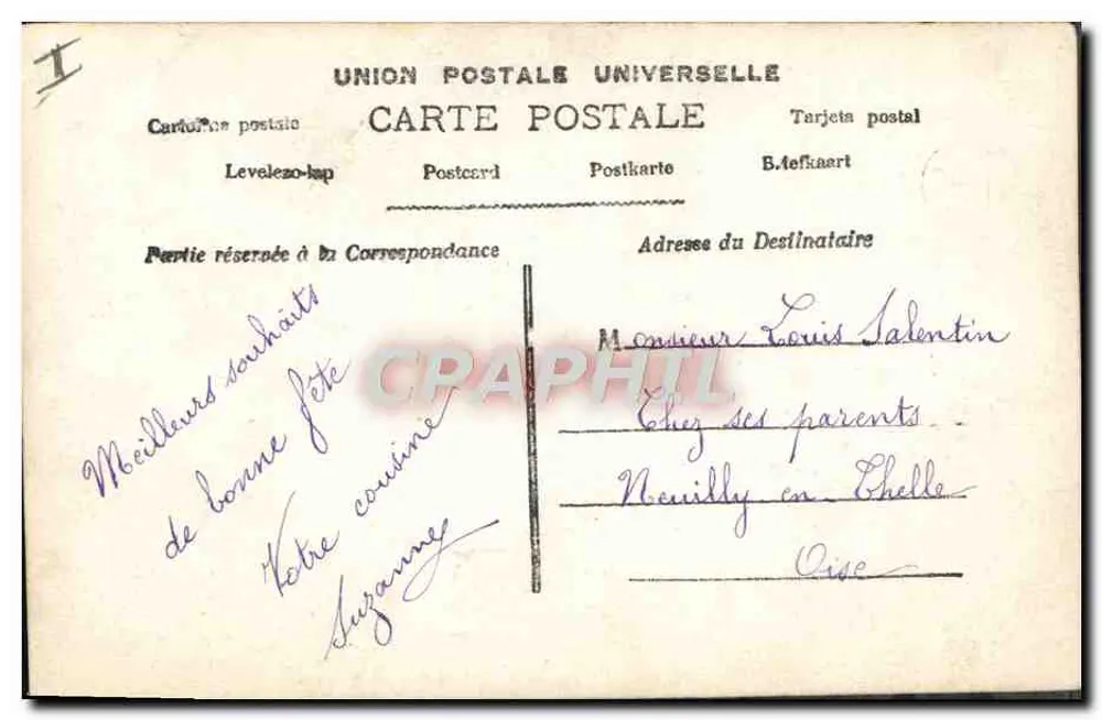 Saint Louis — jovem mulher em vestido lilás e chapéu de penas — editada por DOL - Verso