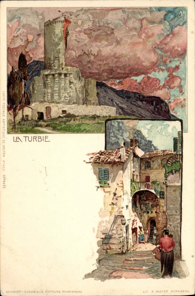 La Turbie — vista do castelo e da rua — Schmidt & Cie, Nuremberg, n°469 - Frente