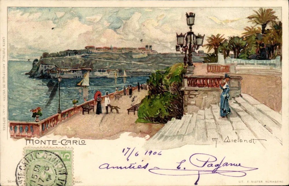 Monte-Carlo — Ansicht des Hafens und der Promenade — Künstlerische Ansichtskarte von Veltten, Nr. 467 - Vorderseite