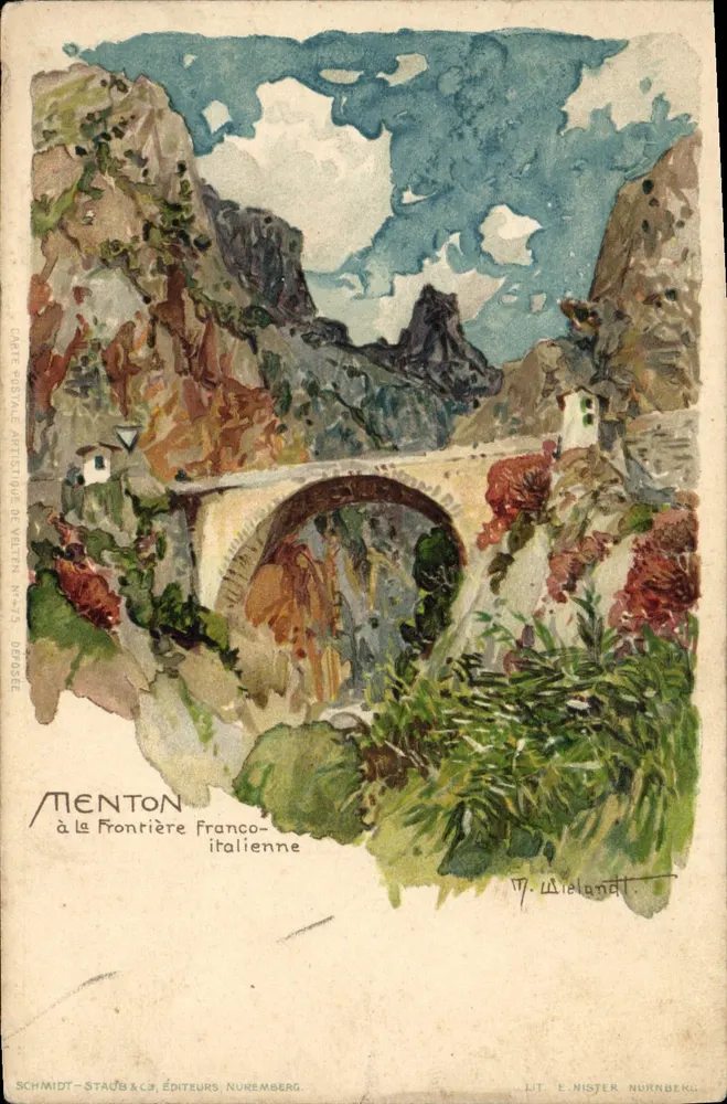 Menton an der französisch-italienischen Grenze — Künstlerische Ansichtskarte von Velden N°243 — M. Wielandt - Vorderseite