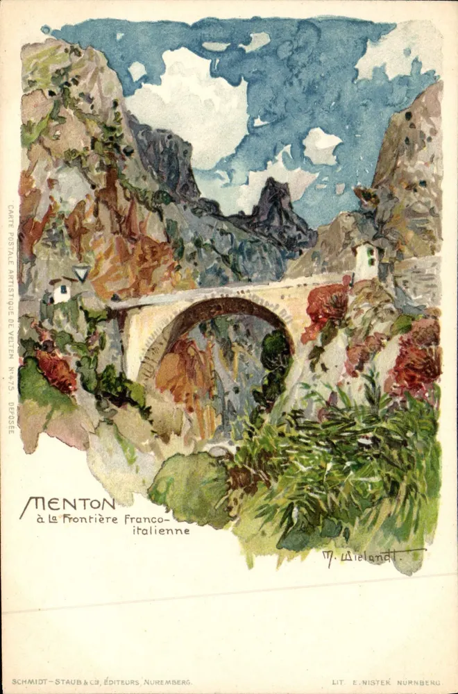 Menton à la frontière franco-italienne — illustration de M. Wielandt — éditée par Schmidt-Staub & Cie, Nuremberg - Recto