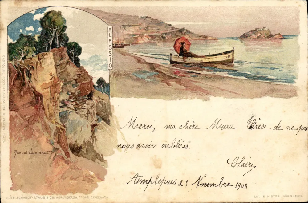 Allassio — Widok wybrzeża z łodzią — Wydawca Schmidt-Staub & Cie, Nürnberg - Awers
