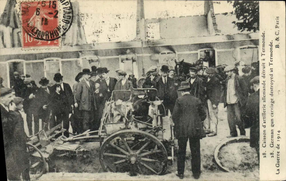 Zerstörter deutscher Artillerieanhänger in Termonde — B. & C. Paris, Nr. 28 - Vorderseite