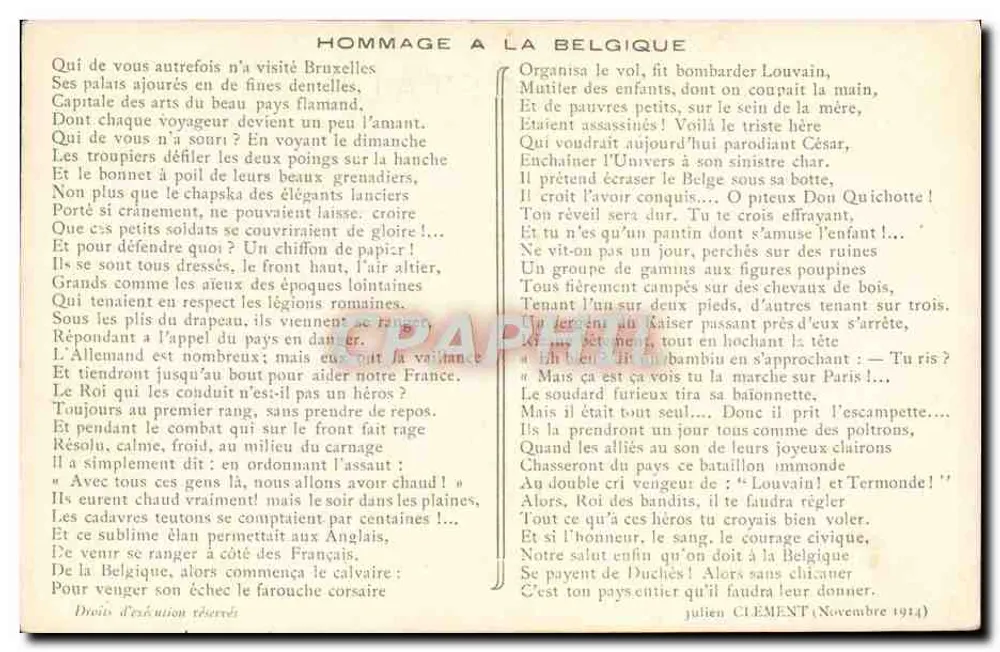 Ehrenwort an Belgien — Gedicht von Julien Clément — November 1914 - Vorderseite