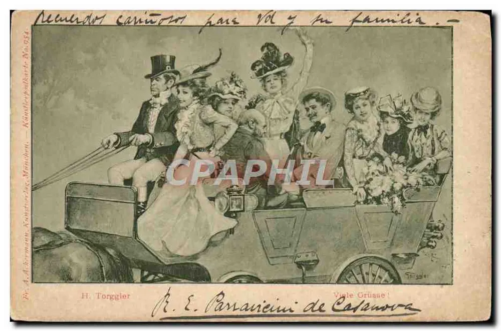 Famille dans une voiture à cheval — illustration de H. Torggler, éditeur Kändler & Co. München, n° 554 - Vorderseite