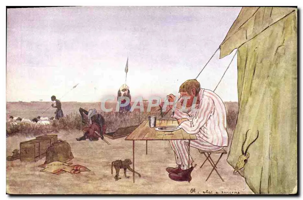 Camp-Szene in Afrika — Mann überrascht vor einer Zelt — Verlag B. K. W. I. 951-3 - Vorderseite