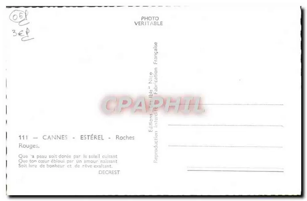 Cannes - Estérel - Rochas Roujas — Éditions Décrest, n°111 - Verso