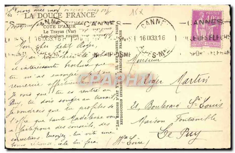 Cannes — Les rochers rouges — Yvfon - Verso