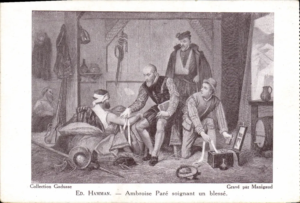 Ambroise Paré cuidando de um ferido — Gravado por Manigaud — Ed. Hamman - Frente