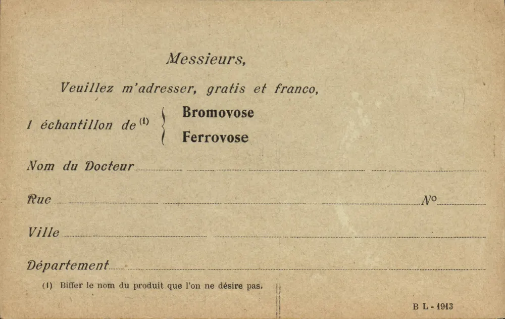 Laboratorien des Bromovose — Paris-XIe — kostenlose Probe — B L - 1913 - Vorderseite