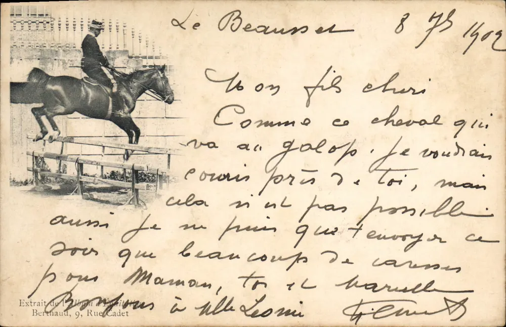 Salto de um cavaleiro — Excerto do Álbum de Equitação — Berthaud, 9, Rue Cadet - Frente