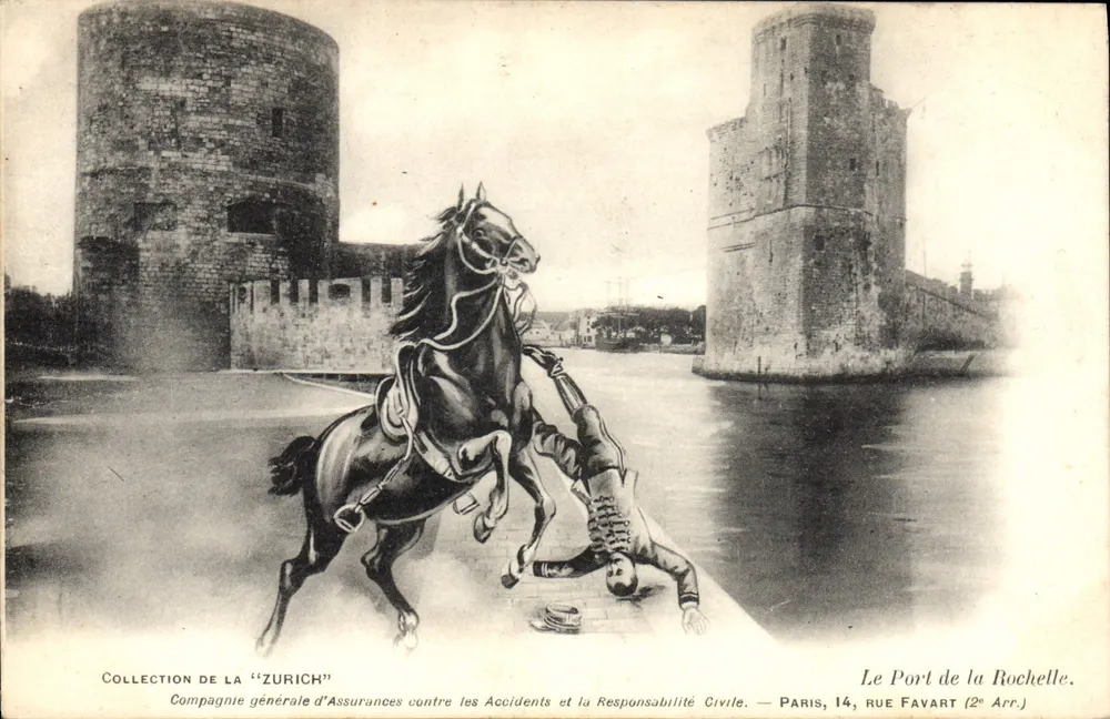 O Portão de La Rochelle — ilustração publicitária para a Companhia Geral de Seguros contra Acidentes e Responsabilidade Civil — Zurique - Frente