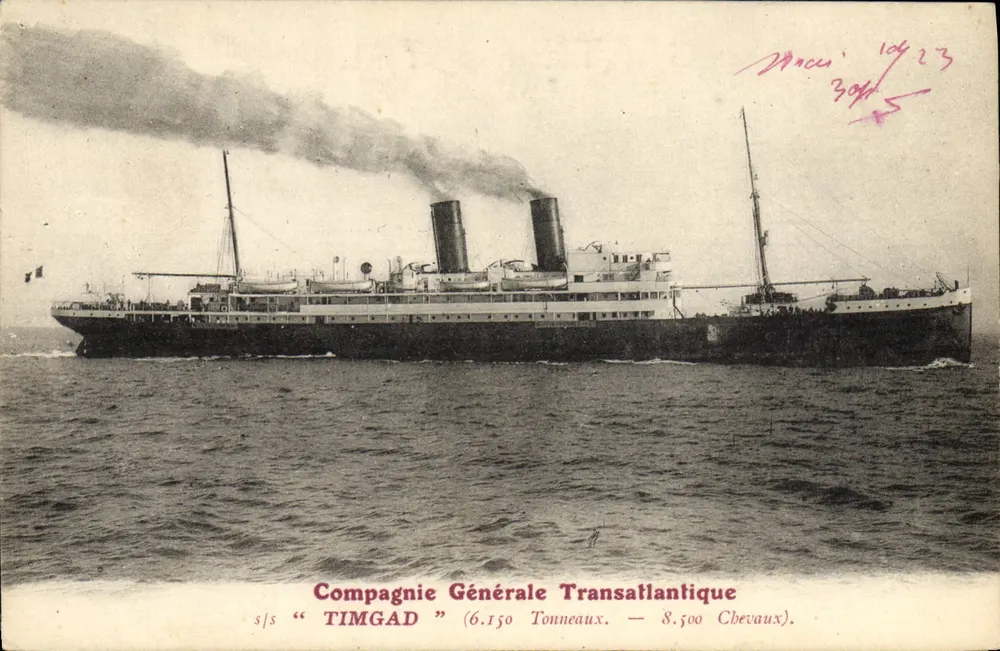 Der Dampfer TIMGAD — Compagnie Générale Transatlantique — 6.150 Tonnen — 8.500 Pferdestärken - Vorderseite