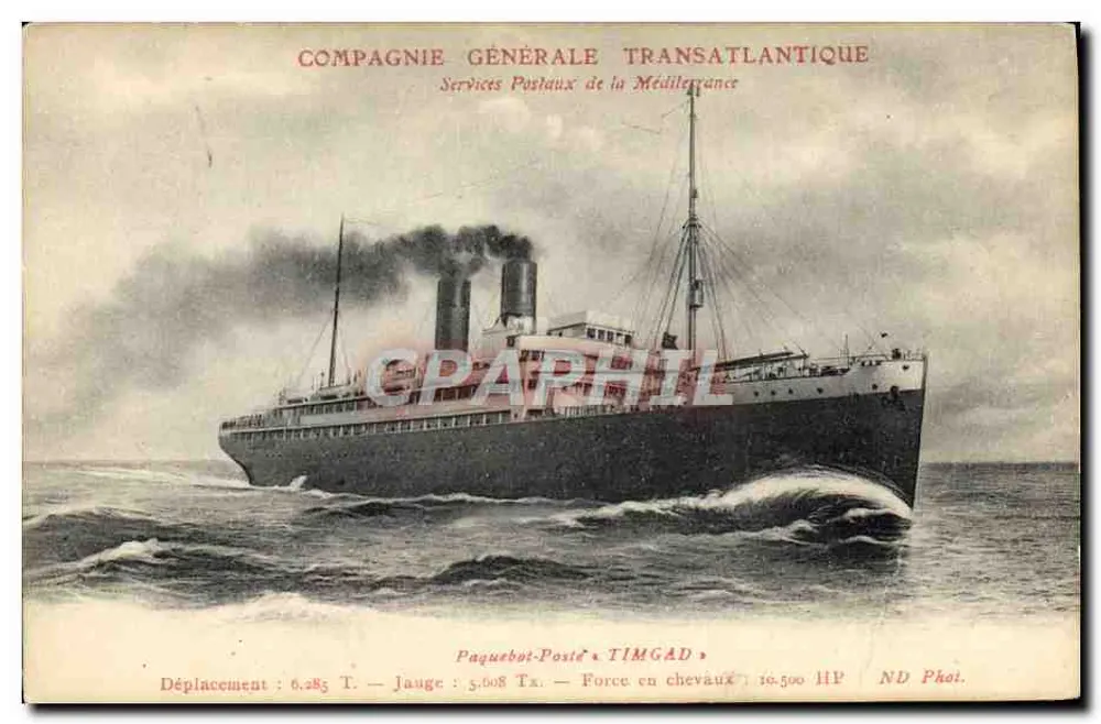 Dampfschiff Poste TIMGAD — Compagnie Générale Transatlantique — Services Postaux de la Méditerranée - Vorderseite